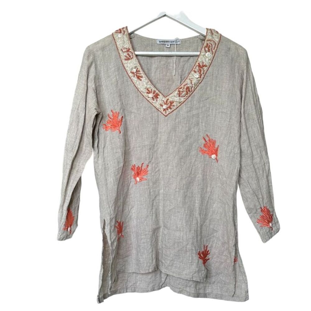 Barbara Gerwit‎ Linen Top Womens M long Sleeve Embroidered Beaded Seashell Beach